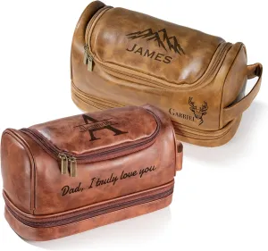 Easycosy Personalized Double-Layer Toiletry Bag for Men, Leather Men's Toiletry Bag for Traveling Engraved with Name & Text Customized Gifts for Men Husband Dad