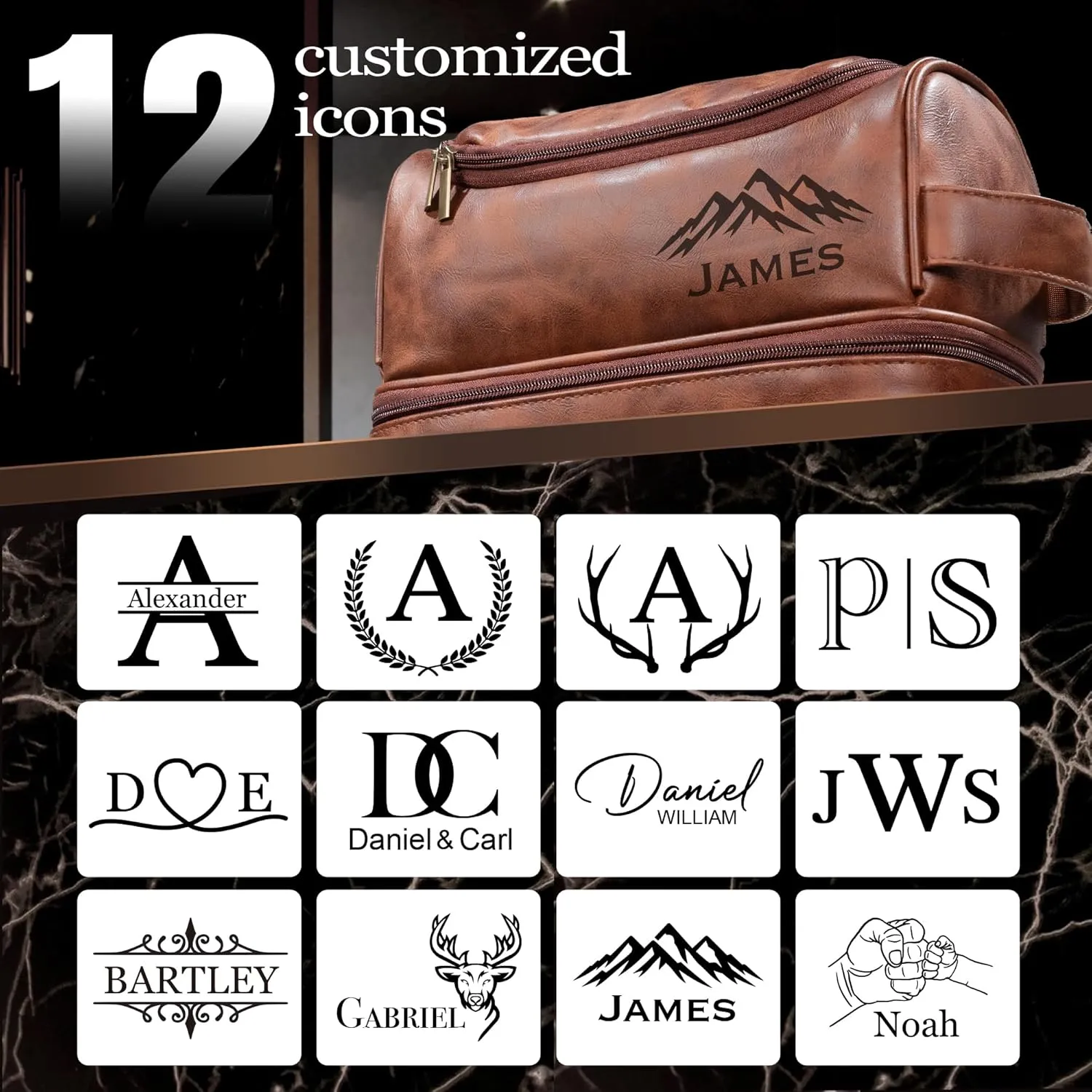 Easycosy Personalized Double-Layer Toiletry Bag for Men, Leather Men's Toiletry Bag for Traveling Engraved with Name & Text Customized Gifts for Men Husband Dad