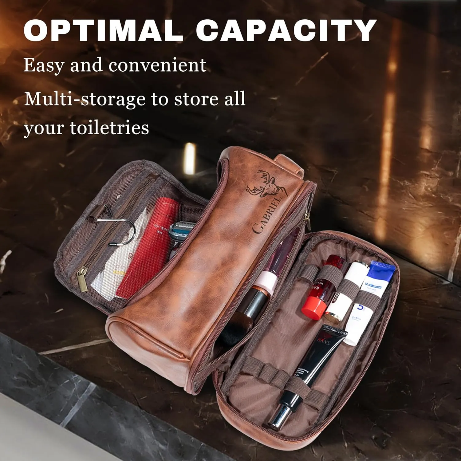 Easycosy Personalized Double-Layer Toiletry Bag for Men, Leather Men's Toiletry Bag for Traveling Engraved with Name & Text Customized Gifts for Men Husband Dad