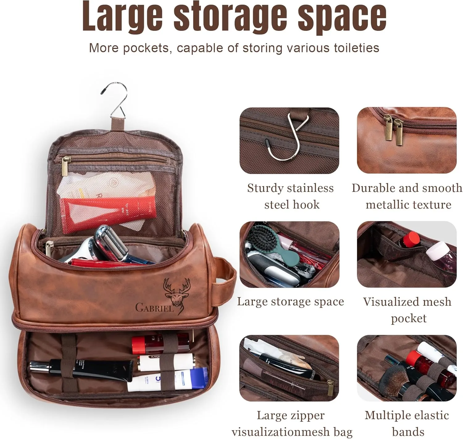 Easycosy Personalized Double-Layer Toiletry Bag for Men, Leather Men's Toiletry Bag for Traveling Engraved with Name & Text Customized Gifts for Men Husband Dad