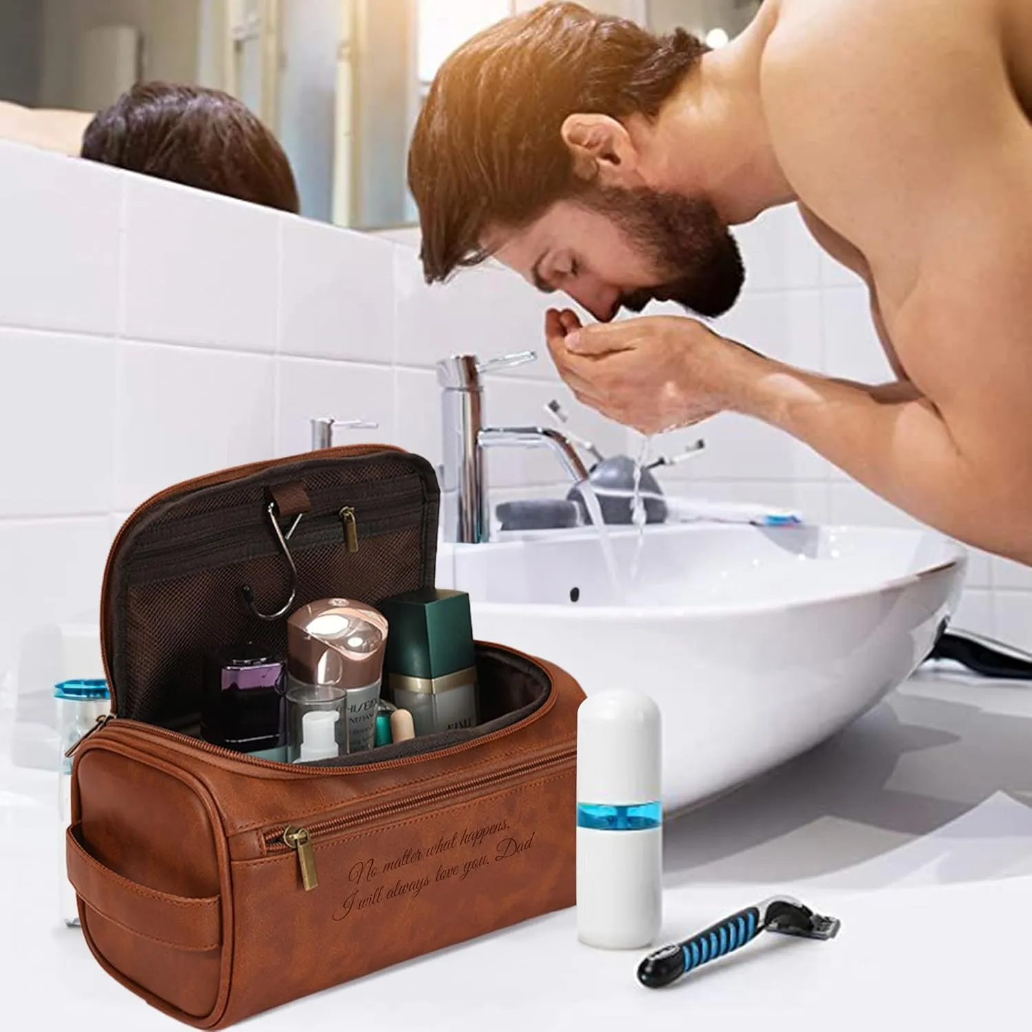 Easycosy Personalized Toiletry Bag for Men, Engraved with Name & Text, Leather Men's Toiletry Bag for Traveling, Travel Essentials Customized Gifts for Him Boyfriend Fiance Husband Men