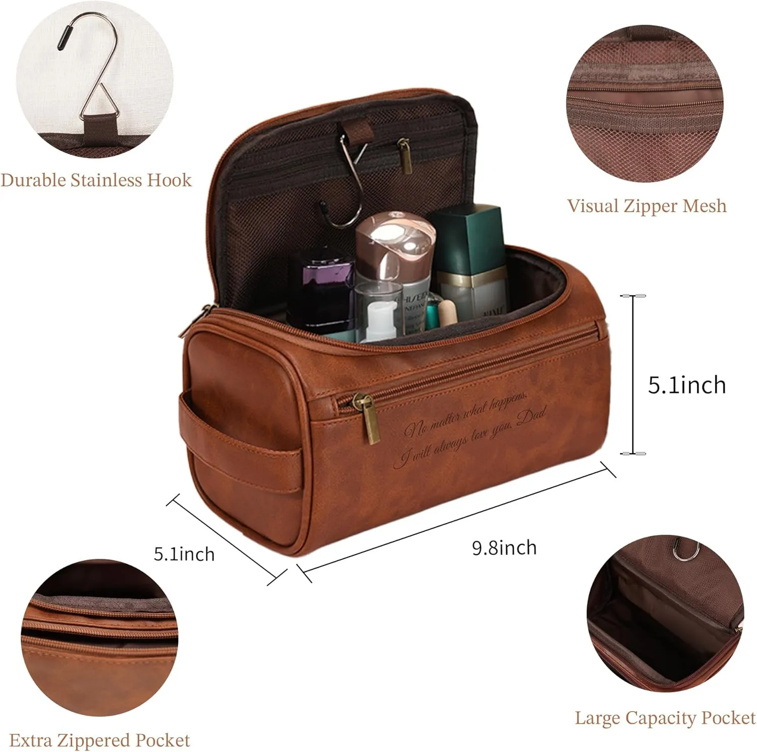 Easycosy Personalized Toiletry Bag for Men, Engraved with Name & Text, Leather Men's Toiletry Bag for Traveling, Travel Essentials Customized Gifts for Him Boyfriend Fiance Husband Men
