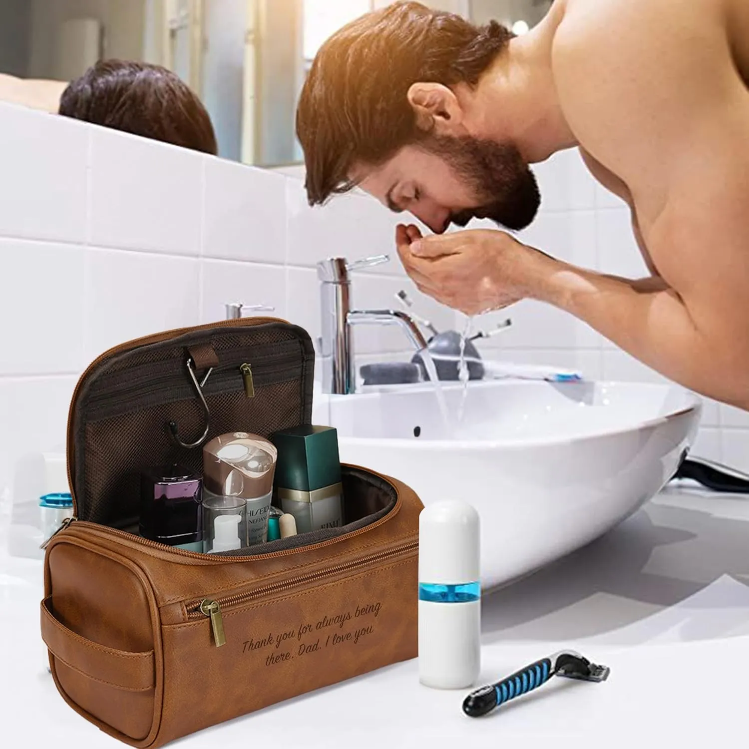 Easycosy Personalized Toiletry Bag for Men, Engraved with Name & Text, PU Leather Men's Toiletry Bag for Traveling, Travel Essentials Customized Gifts for Men, Husband, Father's Day, Birthday