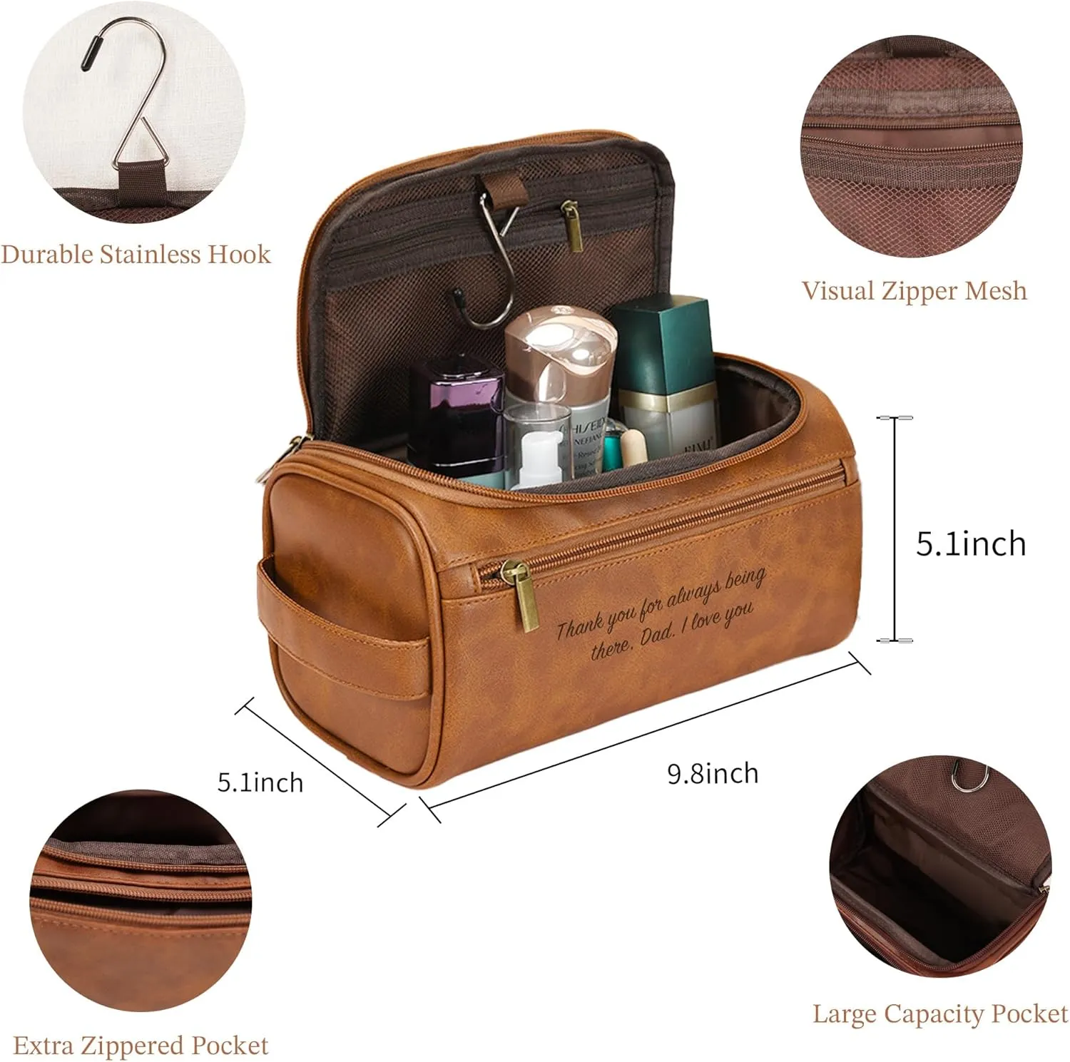 Easycosy Personalized Toiletry Bag for Men, Engraved with Name & Text, PU Leather Men's Toiletry Bag for Traveling, Travel Essentials Customized Gifts for Men, Husband, Father's Day, Birthday