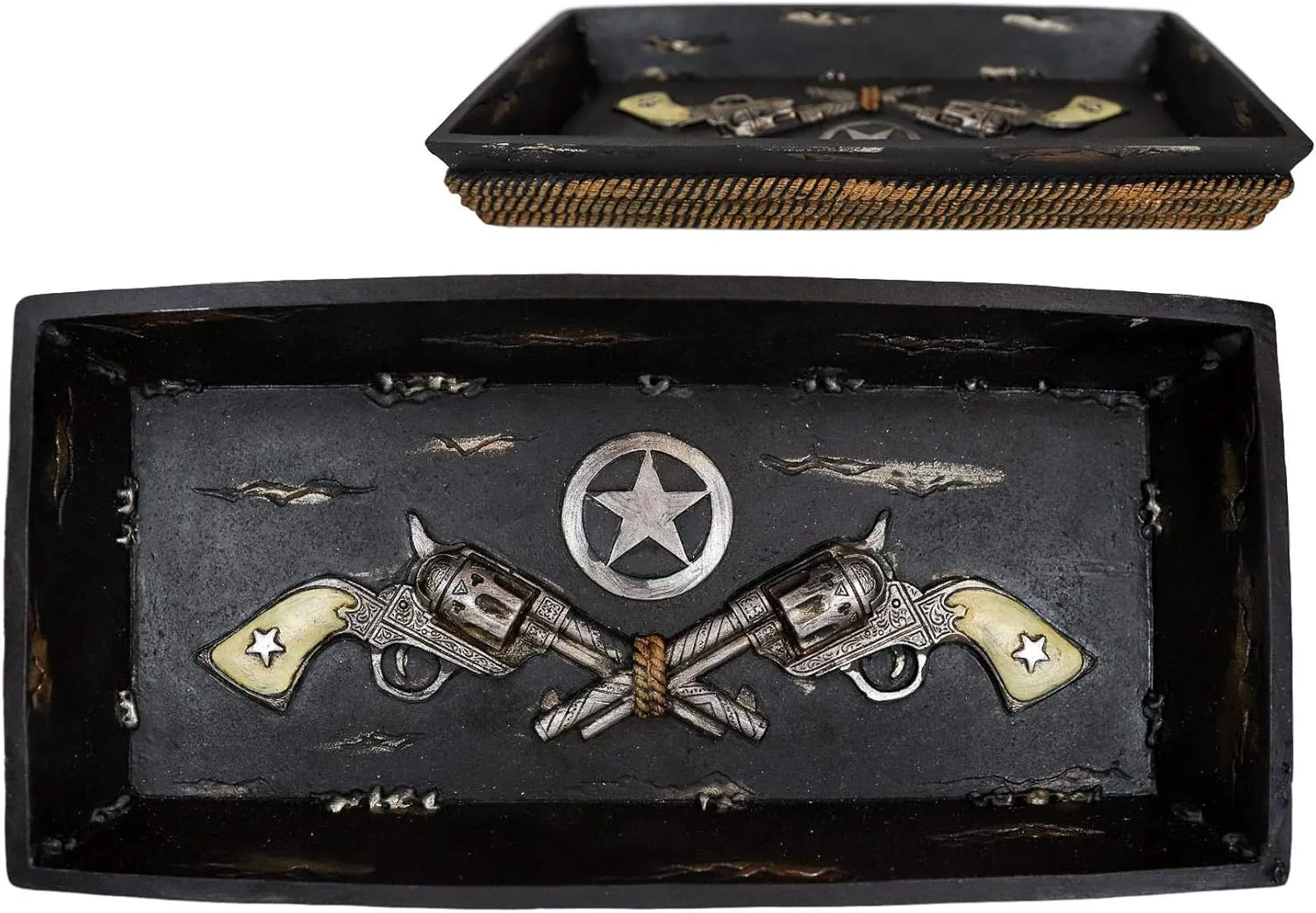 Ebros Old World Western Country Cowboy Dual Revolvers Six Shooter Gun Pistol Lone Star and Braided Ropes Jewelry Coin Dish Tray Home Or Office Organizer