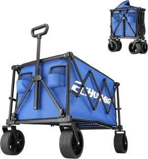 EchoSmile Collapsible Folding Wagon Cart 360lbs, Heavy Duty Garden Utility Cart with All Terrain Wheels, Large Capacity Outdoor Wagon for Camping, Beach, Shopping, Picnic (Blue)