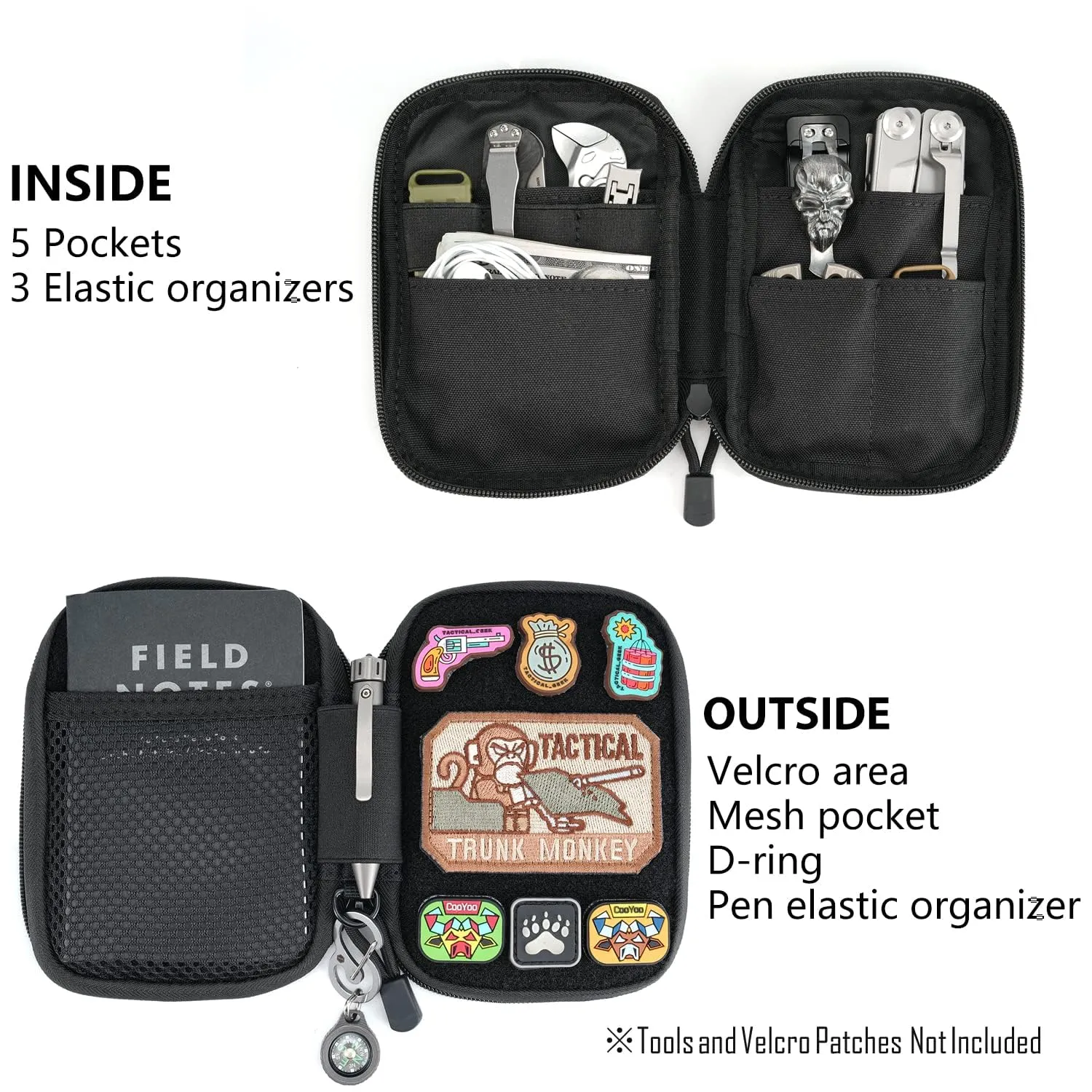EDC Pouch, Pocket Organizer with Patches, Nylon EDC Pocket Organizer Utility Pouch, Small Tool Pouch for EDC Gears, Mighty Pouch with D-Ring, EDC Pocket Pouch, Multitool Organizer Pouch Large-A
