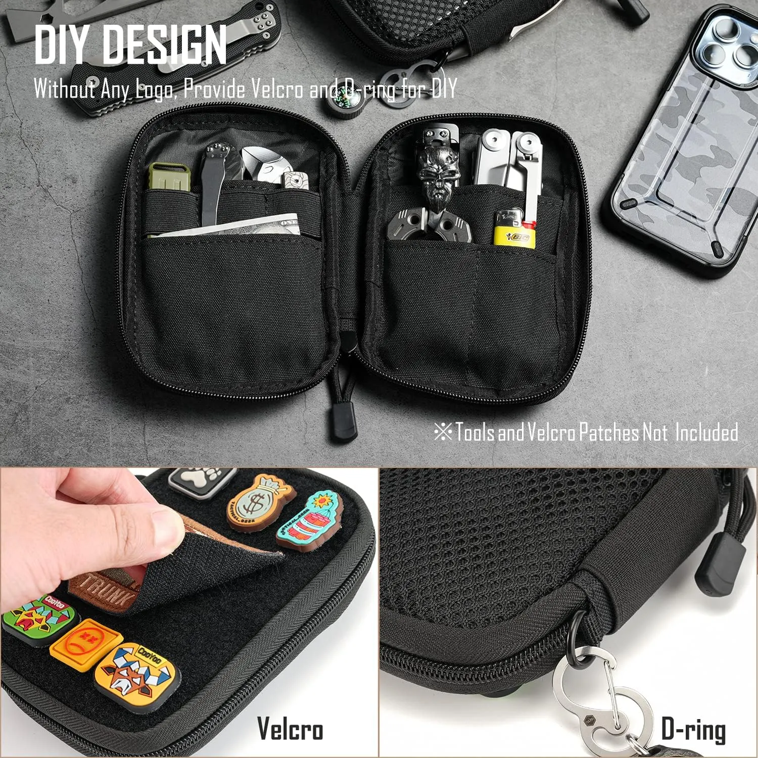 EDC Pouch, Pocket Organizer with Patches, Nylon EDC Pocket Organizer Utility Pouch, Small Tool Pouch for EDC Gears, Mighty Pouch with D-Ring, EDC Pocket Pouch, Multitool Organizer Pouch Large-A