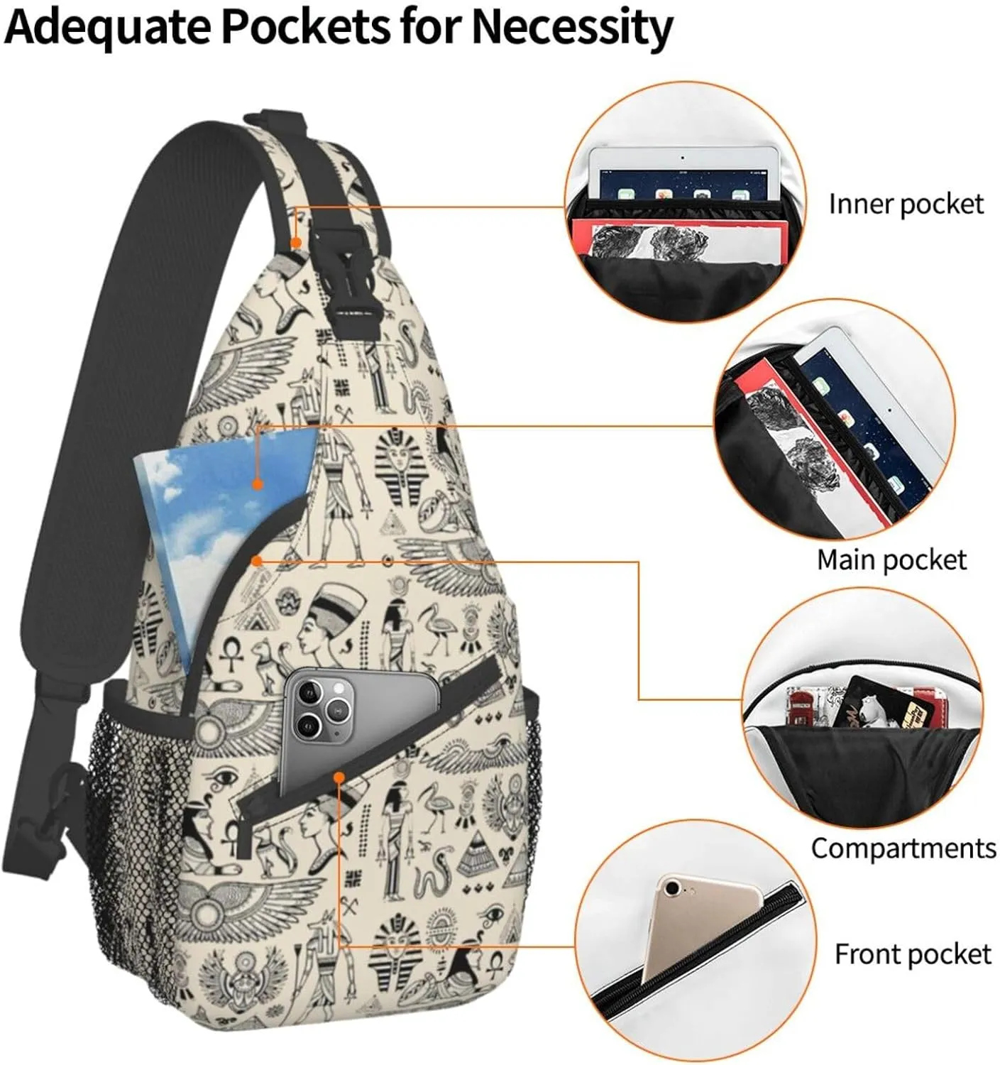 Egyptian Notes Crossbody Bag Hieroglyphs Shoulder Bag Backpack Ancient Egyptian Sling Bag Chest Casual Daypack