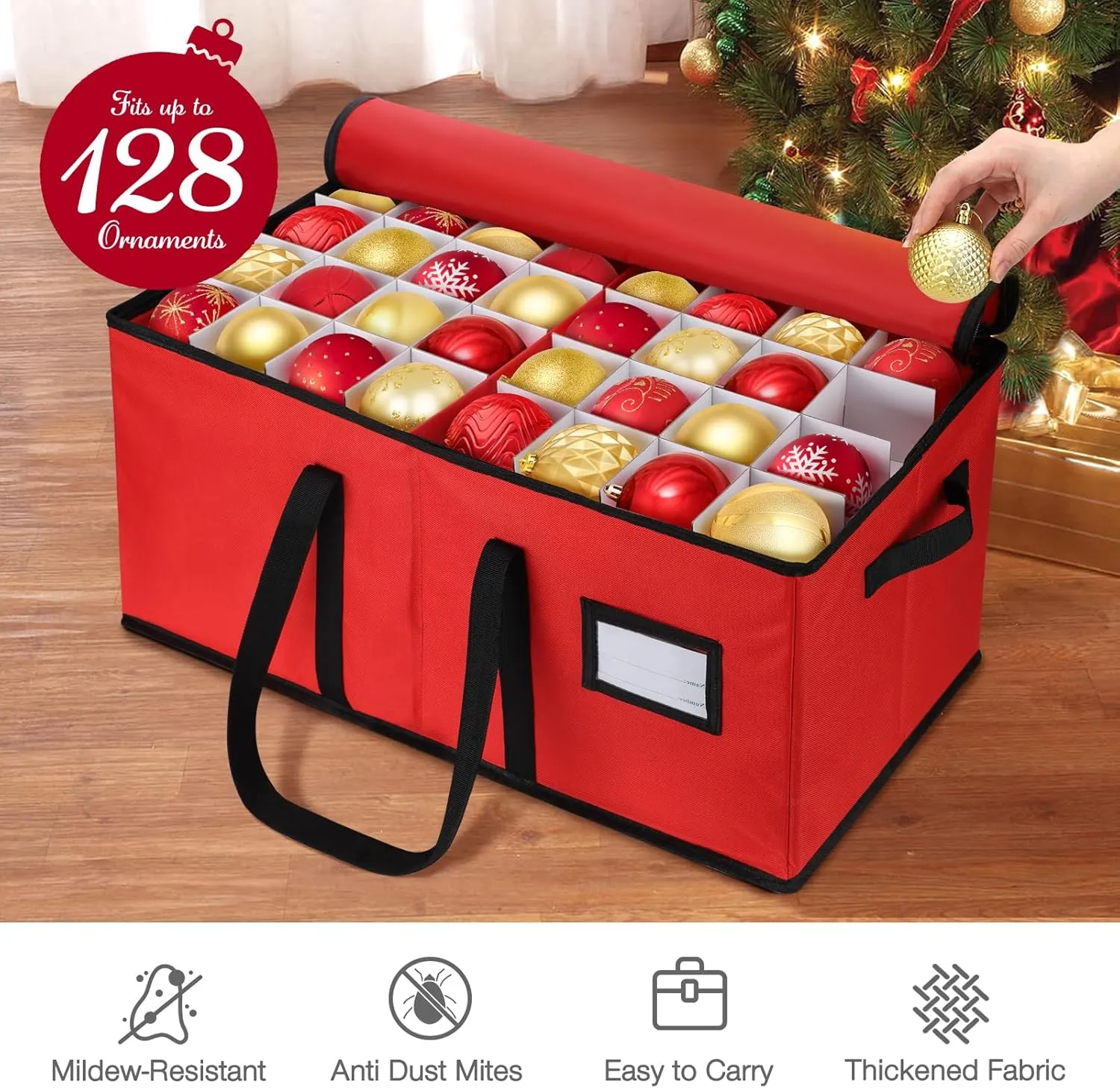 EIMMBD Christmas Ornament Storage Box and Bag, 3-Tray Organizer, Red, Large, 128 Ornaments, Waterproof, Zipper Closure