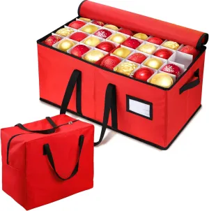 EIMMBD Christmas Ornament Storage Box and Bag, 3-Tray Organizer, Red, Large, 128 Ornaments, Waterproof, Zipper Closure