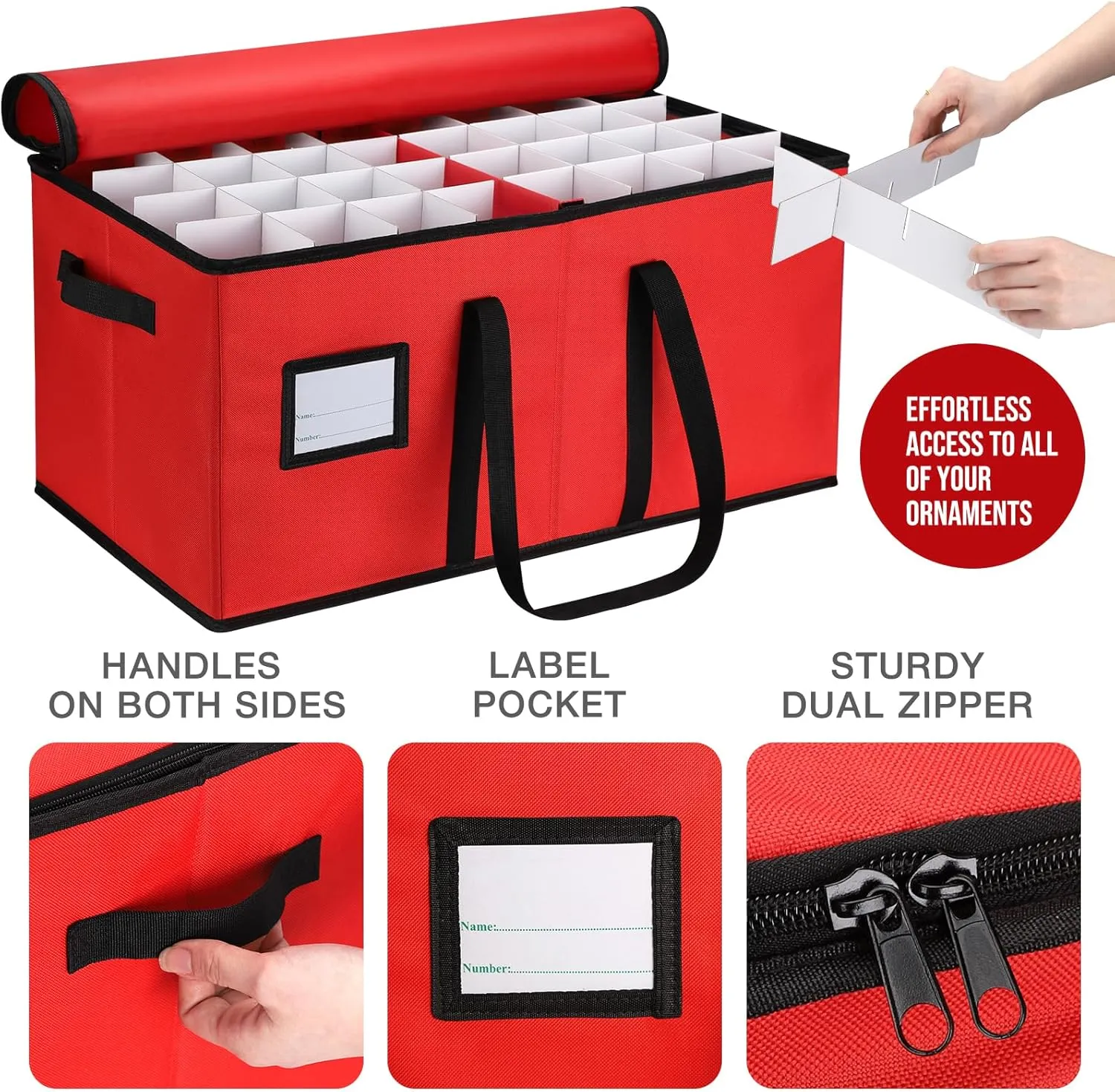 EIMMBD Christmas Ornament Storage Box and Bag, 3-Tray Organizer, Red, Large, 128 Ornaments, Waterproof, Zipper Closure