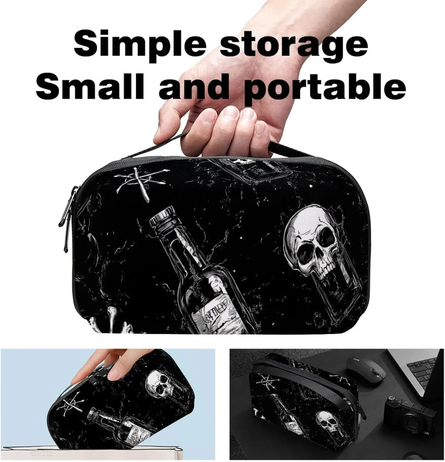 Electronics Organizer, Art Skulls inside Beer Glass on black background Small Travel Cable Organizer Carrying Bag, Compact Tech Case Bag for Electronic Accessories, Cords, Charger, USB, Hard Drives