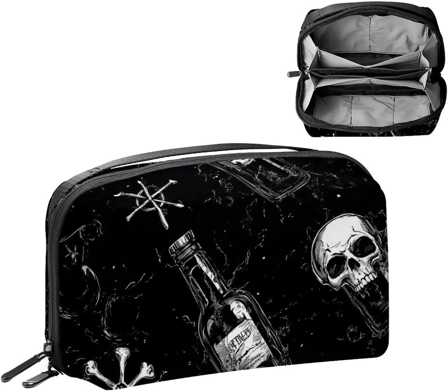 Electronics Organizer, Art Skulls inside Beer Glass on black background Small Travel Cable Organizer Carrying Bag, Compact Tech Case Bag for Electronic Accessories, Cords, Charger, USB, Hard Drives