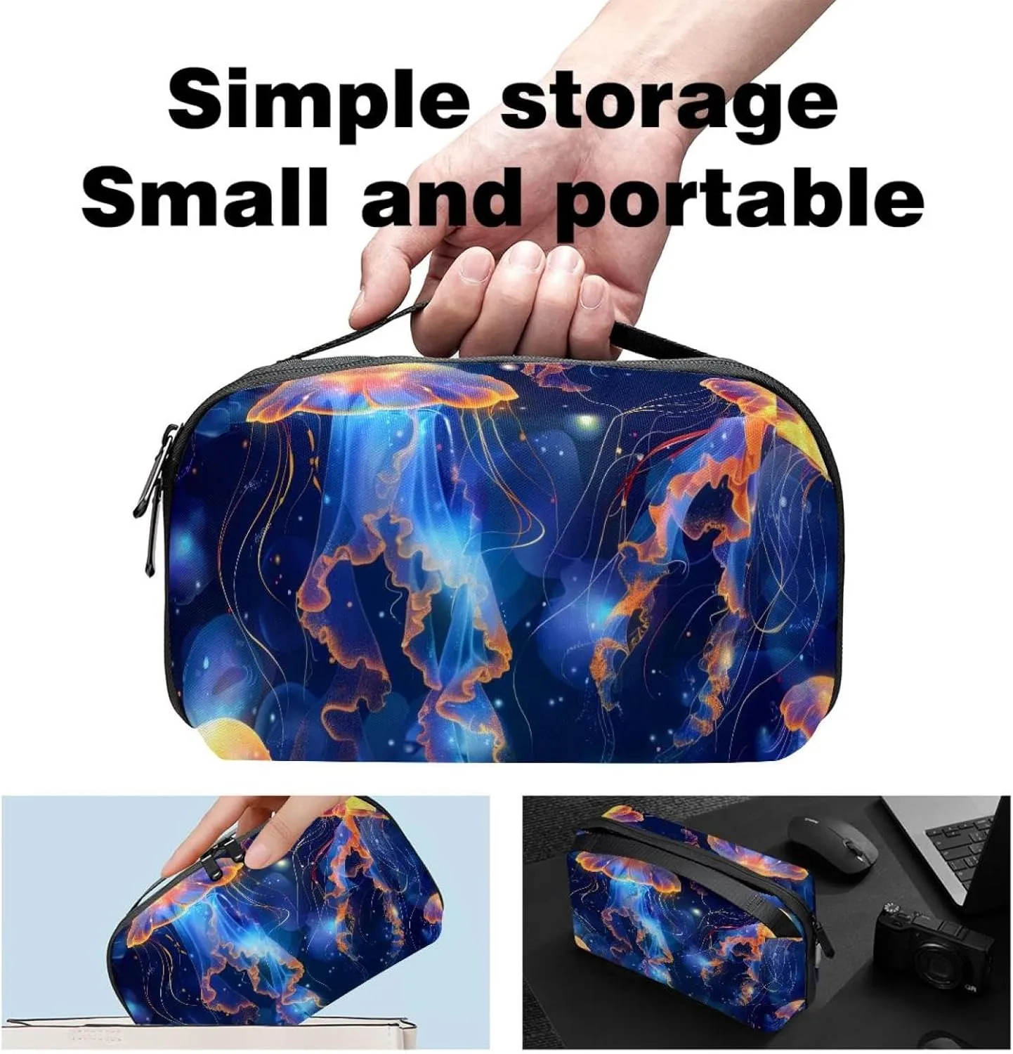 Electronics Organizer, Jellyfish Swimming Undersea Small Travel Cable Organizer Carrying Bag, Compact Tech Case Bag for Electronic Accessories, Cords, Charger, USB, Hard Drives