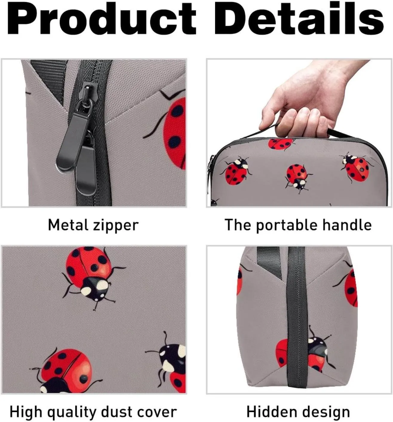 Electronics Organizer, Ladybugs Pattern on Gray Background Small Travel Cable Organizer Carrying Bag, Compact Tech Case Bag for Electronic Accessories, Cords, Charger, USB, Hard Drives