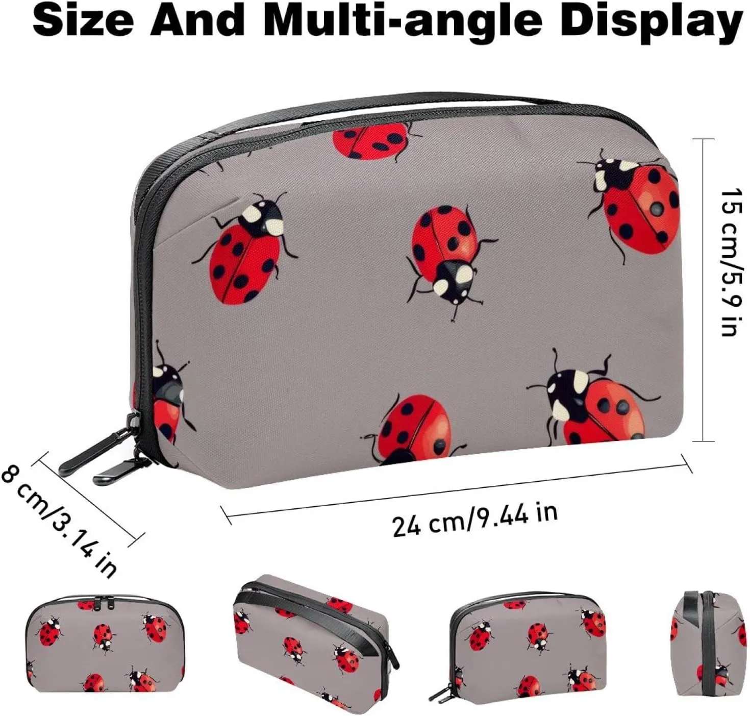 Electronics Organizer, Ladybugs Pattern on Gray Background Small Travel Cable Organizer Carrying Bag, Compact Tech Case Bag for Electronic Accessories, Cords, Charger, USB, Hard Drives