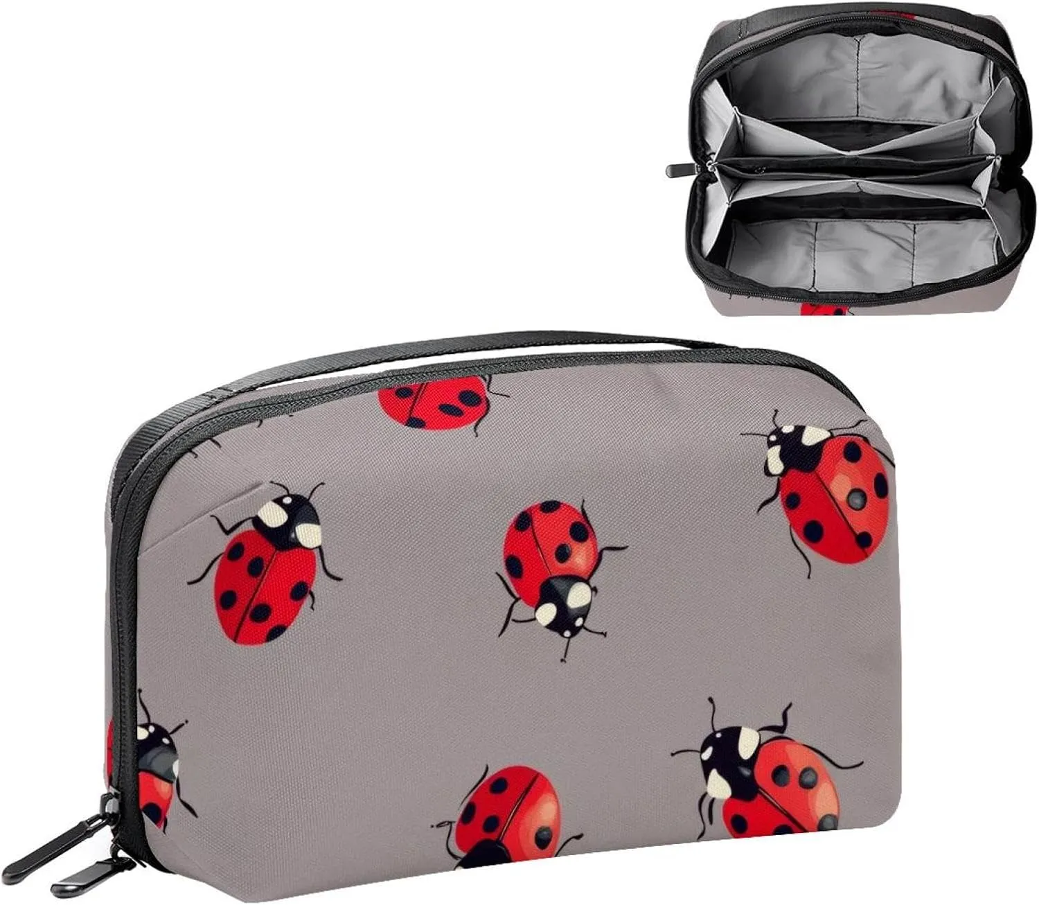 Electronics Organizer, Ladybugs Pattern on Gray Background Small Travel Cable Organizer Carrying Bag, Compact Tech Case Bag for Electronic Accessories, Cords, Charger, USB, Hard Drives
