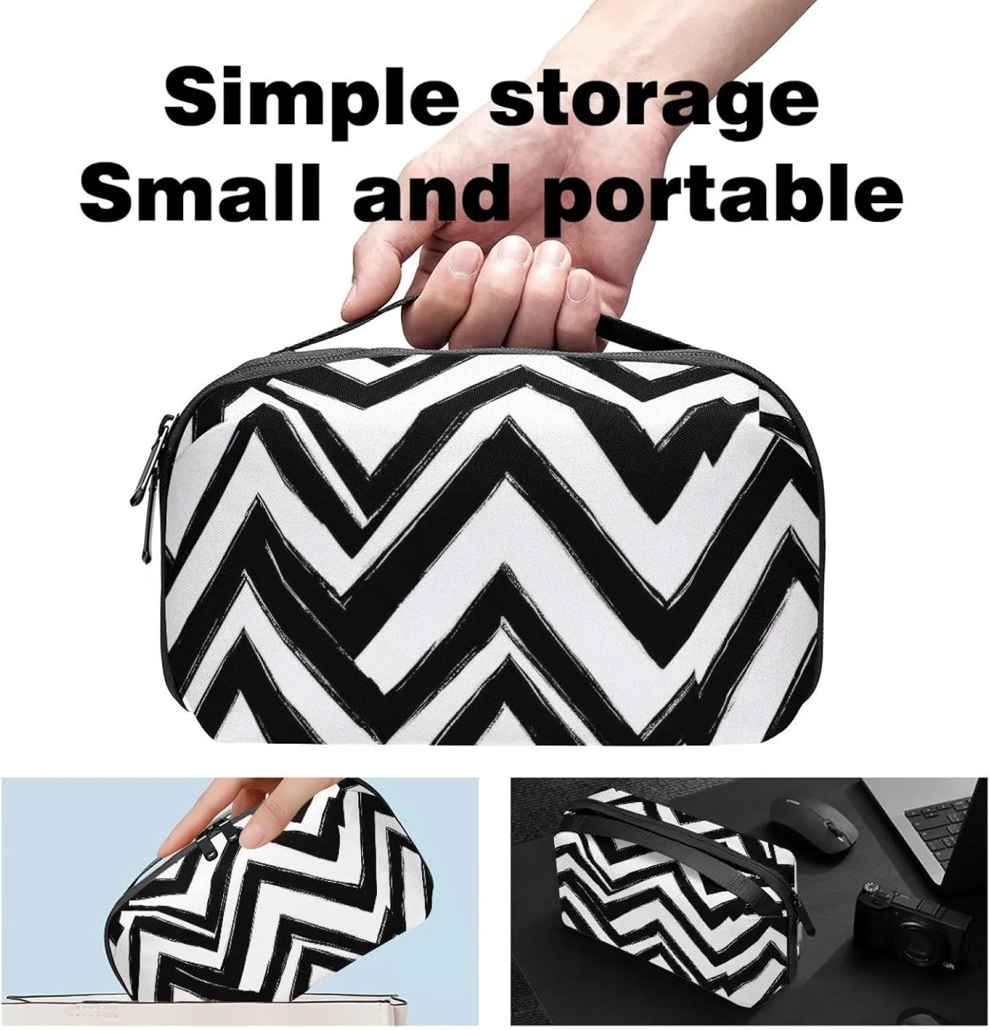 Electronics Organizer, Line Art Zigzag Pattern Small Travel Cable Organizer Carrying Bag, Compact Tech Case Bag for Electronic Accessories, Cords, Charger, USB, Hard Drives