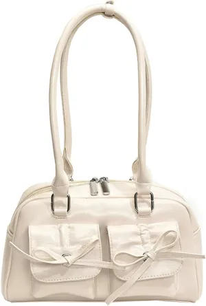 Elegant Bow Shoulder Tote Bag Women Stylish Crossbody Handbag Front Pockets Daily Commute Shopping