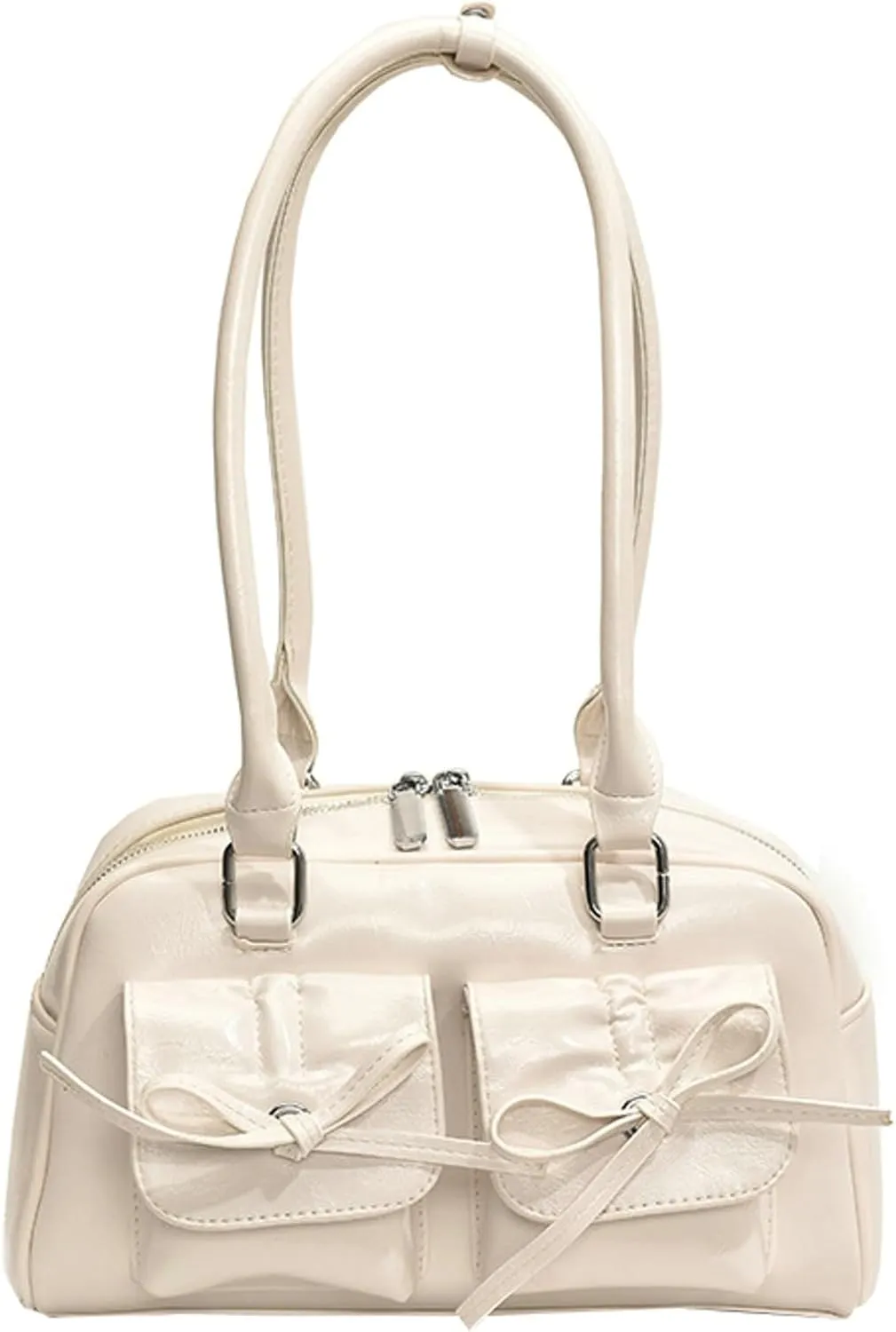 Elegant Bow Shoulder Tote Bag Women Stylish Crossbody Handbag Front Pockets Daily Commute Shopping