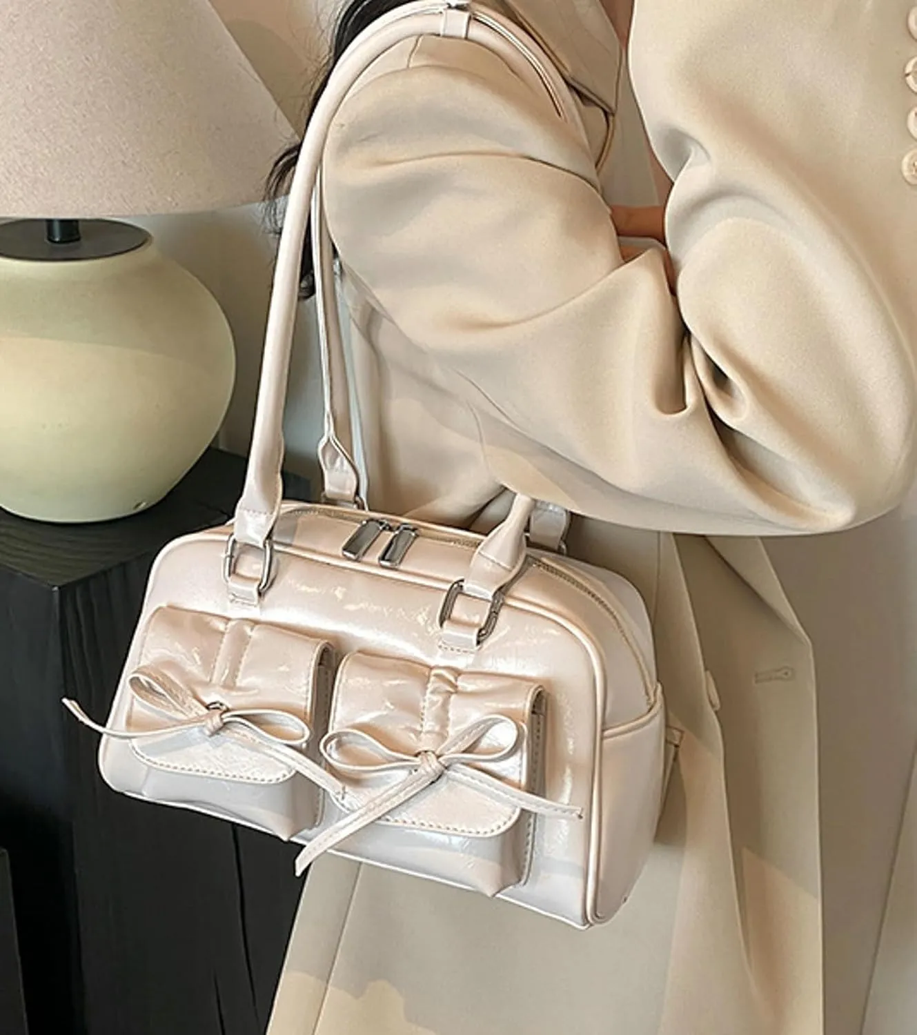 Elegant Bow Shoulder Tote Bag Women Stylish Crossbody Handbag Front Pockets Daily Commute Shopping
