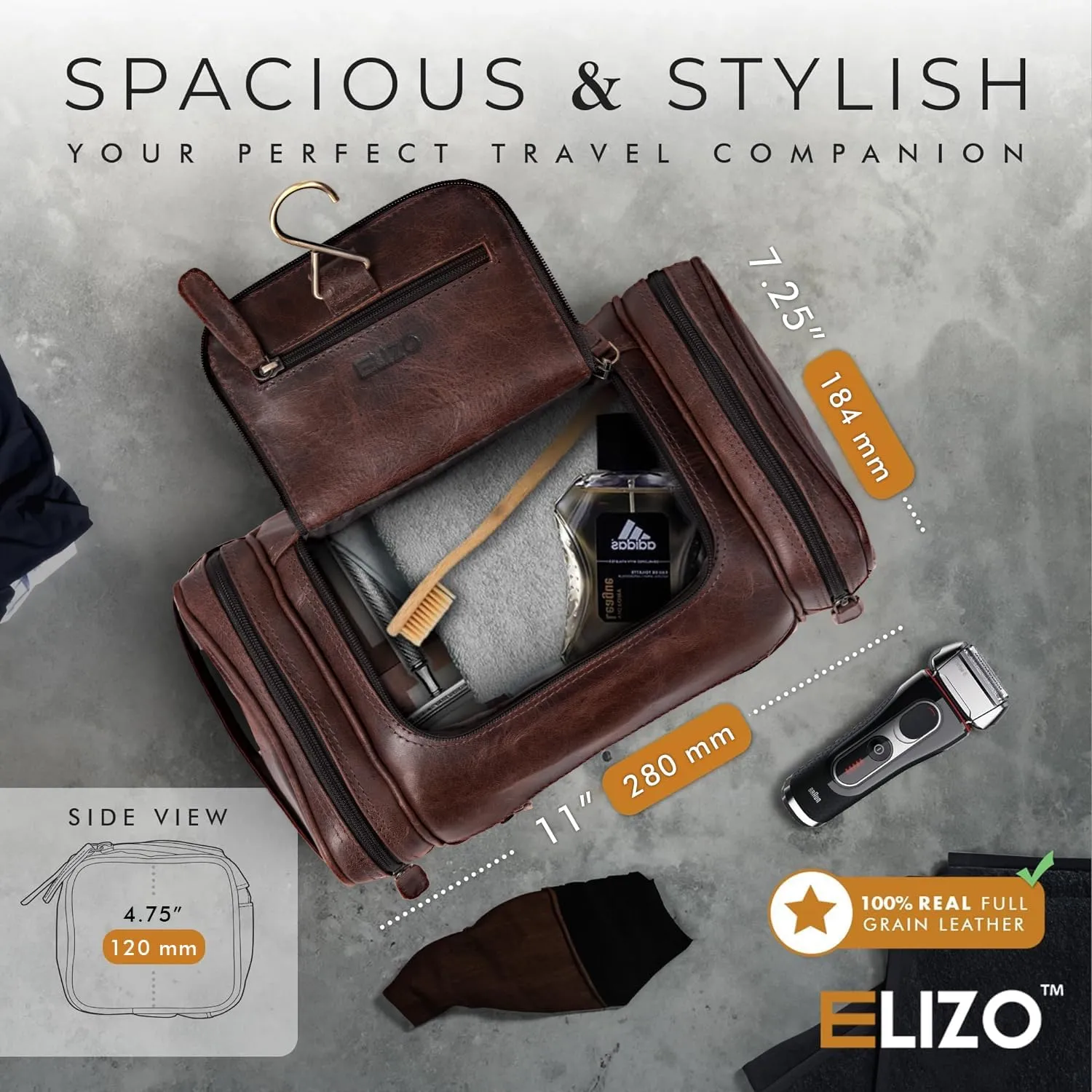 ELIZO Leather Toiletry Bag For Men Women LARGE DoppKit Mens Hanging Toiletry Bag (PREMIUM LEATHER) Travel Bag for Traveling Cosmetic Toiletries Bag Shaving Bag (Walnut)