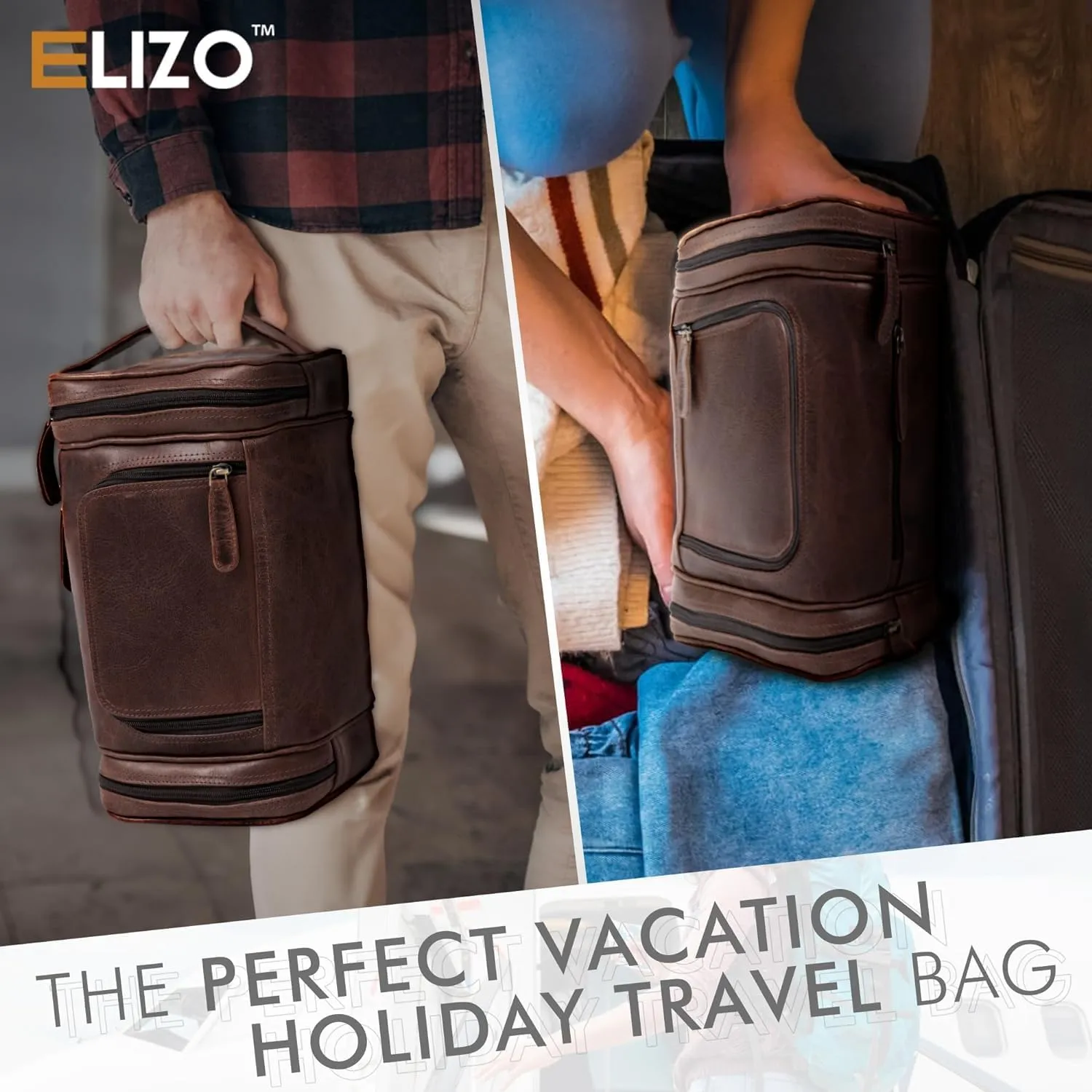 ELIZO Leather Toiletry Bag For Men Women LARGE DoppKit Mens Hanging Toiletry Bag (PREMIUM LEATHER) Travel Bag for Traveling Cosmetic Toiletries Bag Shaving Bag (Walnut)