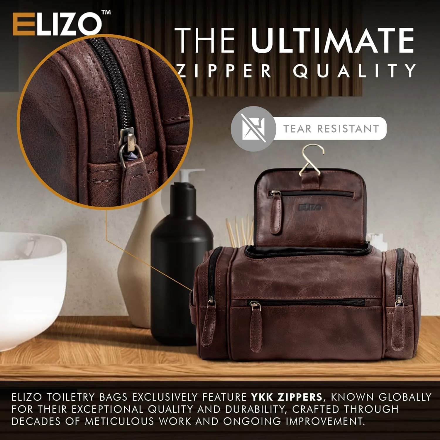 ELIZO Leather Toiletry Bag For Men Women LARGE DoppKit Mens Hanging Toiletry Bag (PREMIUM LEATHER) Travel Bag for Traveling Cosmetic Toiletries Bag Shaving Bag (Walnut)