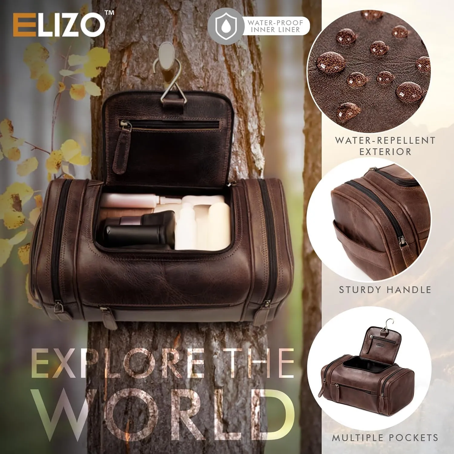 ELIZO Leather Toiletry Bag For Men Women LARGE DoppKit Mens Hanging Toiletry Bag (PREMIUM LEATHER) Travel Bag for Traveling Cosmetic Toiletries Bag Shaving Bag (Walnut)