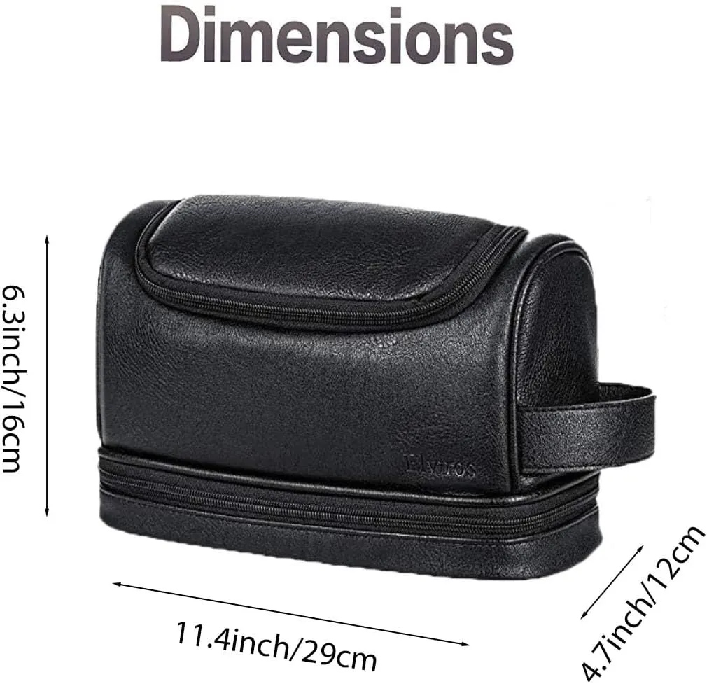 Elviros Toiletry Bag for Mens PU Leather Travel Organizer Kit with Hanging hook, Large Water-resistant Toiletries Bathroom Shaving Bags (Black)