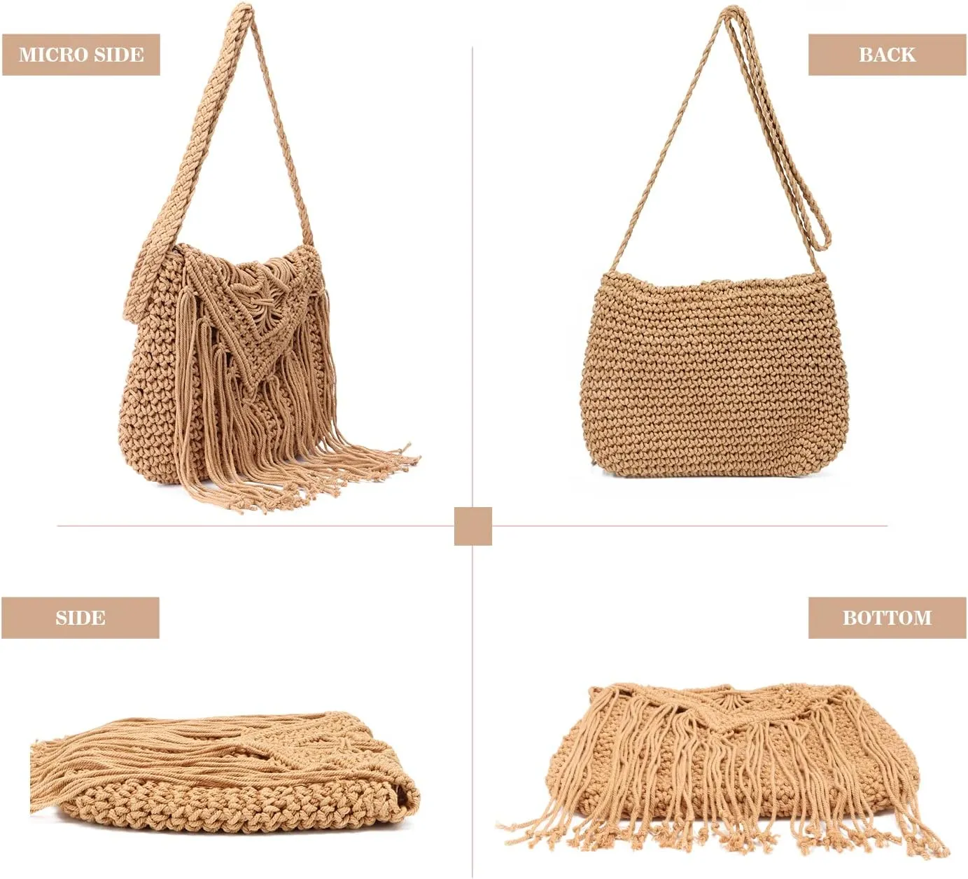 Emprier Retro Crochet Crossbody Shoulder Bag for Women Woven Fringe hobo bags Summer Beach Handmade Purse