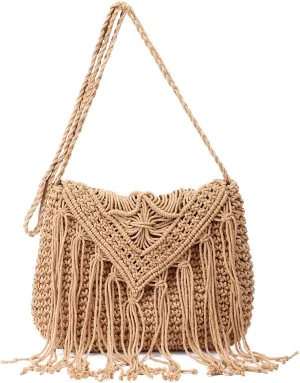Emprier Retro Crochet Crossbody Shoulder Bag for Women Woven Fringe hobo bags Summer Beach Handmade Purse
