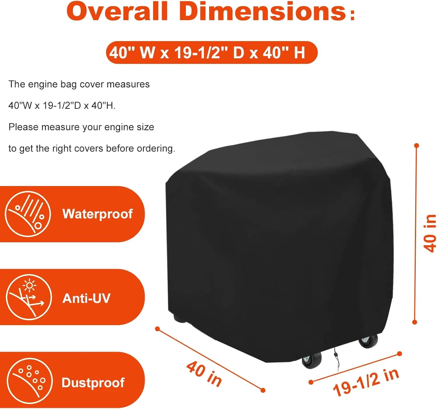 Engine Storage Bag, Heavy Duty 420D Oxford Cloth, 40"W x 19.5"D x 40"H Engine Bag Cover, Black
