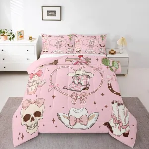 Erosebridal Cowgirl Queen Size Bedding Set Western Grils Boots Comforter Set Princess Cowboy Pink Bowknots Quilt for Kids Boys Girls Retro Cowhide Starry Bedding Comforter Sets