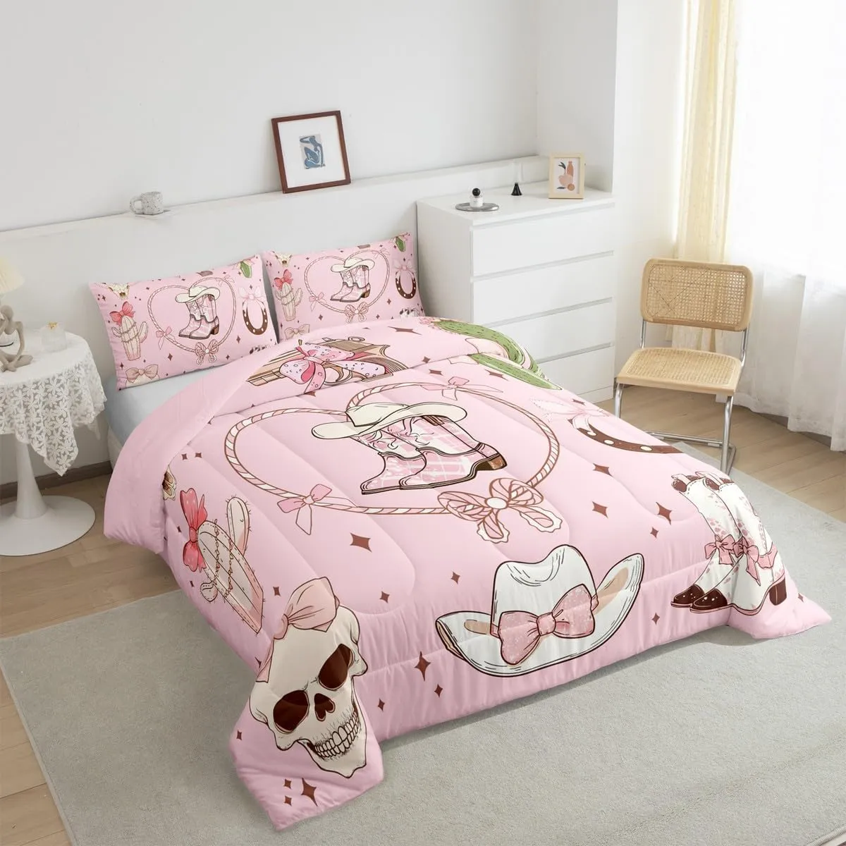 Erosebridal Cowgirl Queen Size Bedding Set Western Grils Boots Comforter Set Princess Cowboy Pink Bowknots Quilt for Kids Boys Girls Retro Cowhide Starry Bedding Comforter Sets