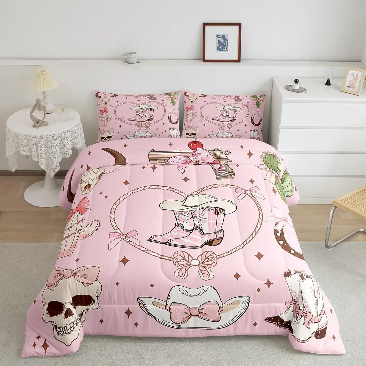 Erosebridal Cowgirl Queen Size Bedding Set Western Grils Boots Comforter Set Princess Cowboy Pink Bowknots Quilt for Kids Boys Girls Retro Cowhide Starry Bedding Comforter Sets
