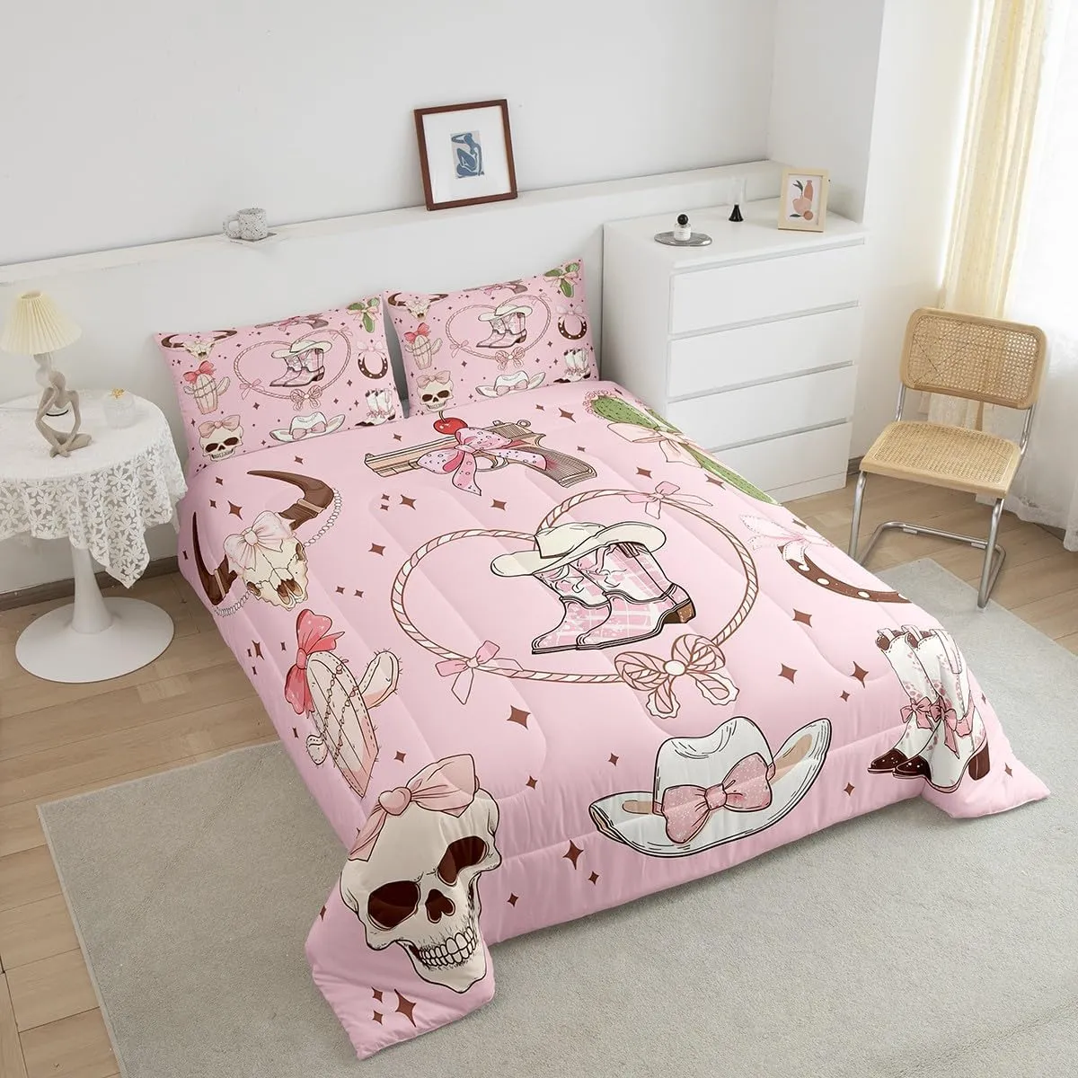 Erosebridal Cowgirl Queen Size Bedding Set Western Grils Boots Comforter Set Princess Cowboy Pink Bowknots Quilt for Kids Boys Girls Retro Cowhide Starry Bedding Comforter Sets