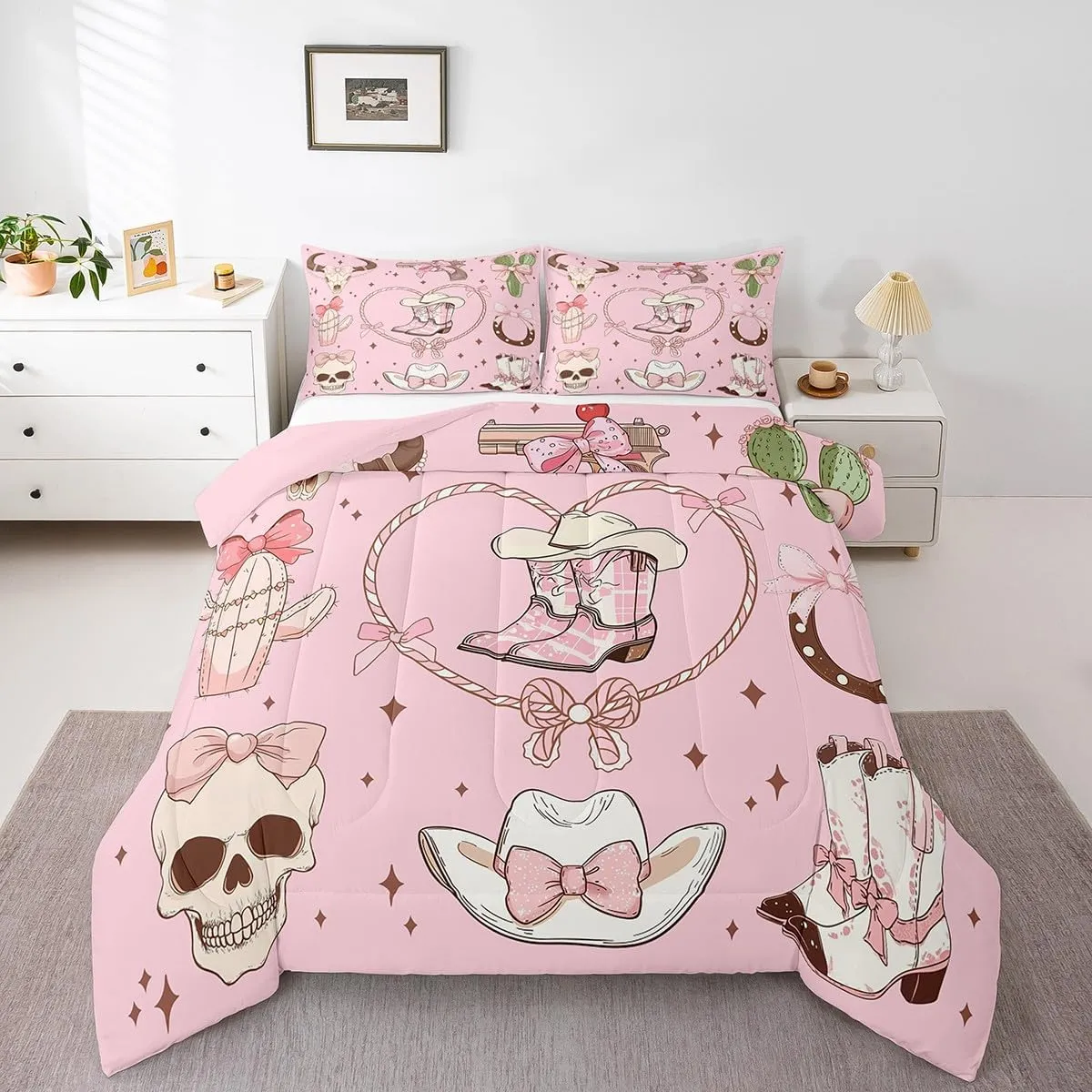 Erosebridal Cowgirl Queen Size Bedding Set Western Grils Boots Comforter Set Princess Cowboy Pink Bowknots Quilt for Kids Boys Girls Retro Cowhide Starry Bedding Comforter Sets