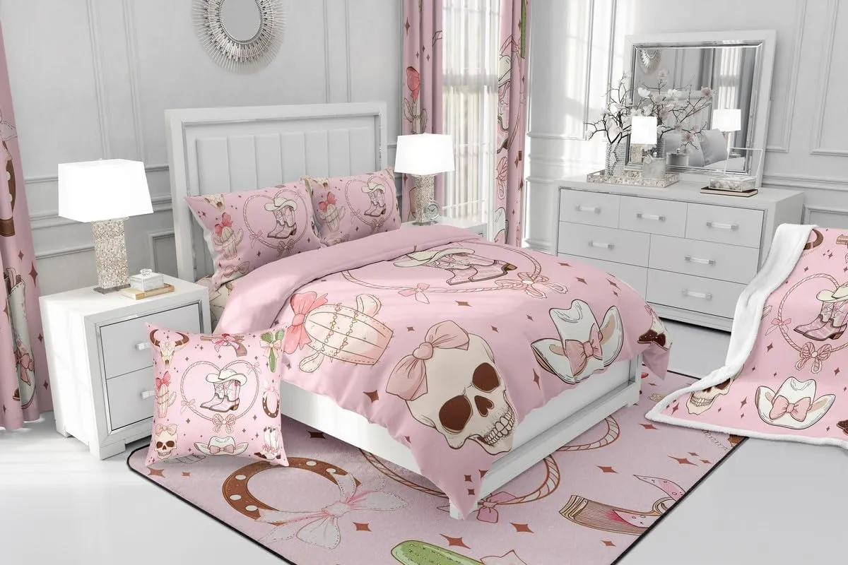 Erosebridal Cowgirl Queen Size Bedding Set Western Grils Boots Comforter Set Princess Cowboy Pink Bowknots Quilt for Kids Boys Girls Retro Cowhide Starry Bedding Comforter Sets