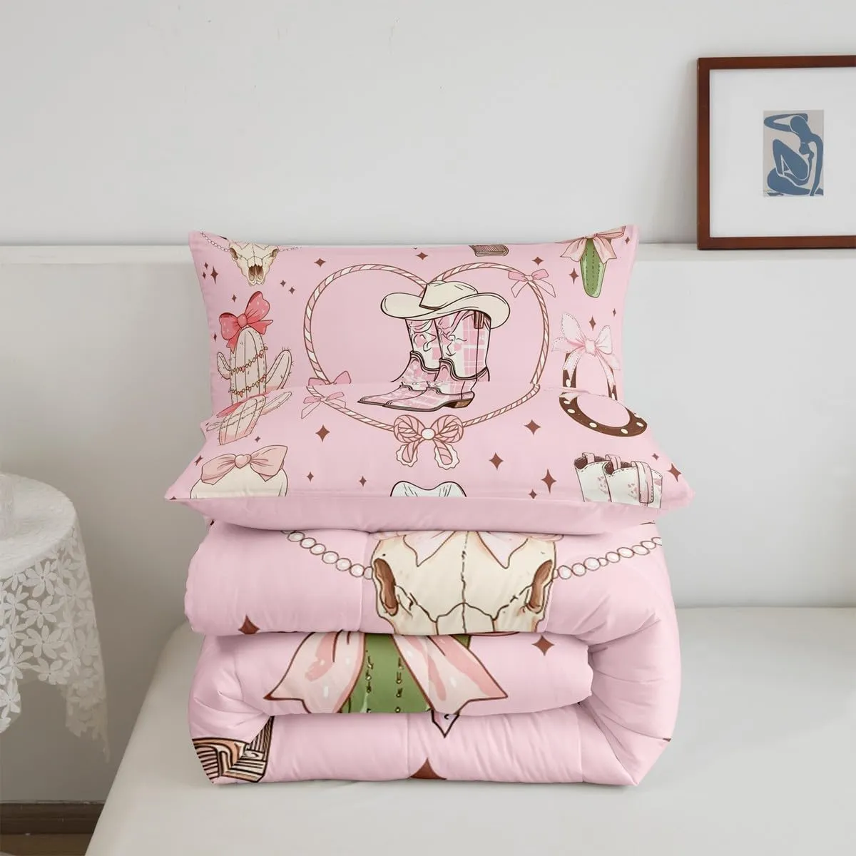 Erosebridal Cowgirl Queen Size Bedding Set Western Grils Boots Comforter Set Princess Cowboy Pink Bowknots Quilt for Kids Boys Girls Retro Cowhide Starry Bedding Comforter Sets