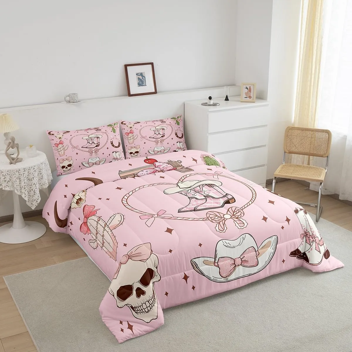 Erosebridal Cowgirl Queen Size Bedding Set Western Grils Boots Comforter Set Princess Cowboy Pink Bowknots Quilt for Kids Boys Girls Retro Cowhide Starry Bedding Comforter Sets