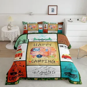 Erosebridal Happy Camping Comforter Set - Queen Camper Bedding Set for Kids, Boys, Girls & Adults - 3 Pcs Colorful RV Bunks Decor