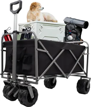ESPIDOO Heavy Duty Folding Wagon Cart: All-Terrain Utility Cart with Big Wheels & Foot Brake for Beach Camping, Gardening, and Outdoor Adventures - Durable Metal Frame & Storage Pockets for Active Fam