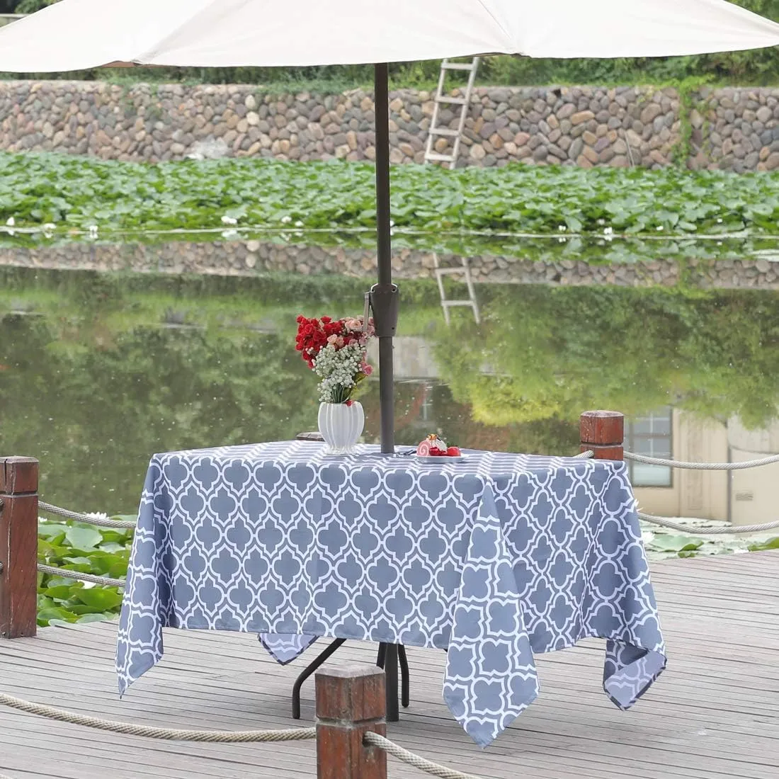 Eternal Beauty 60 x 84” Rectangle Tablecloth Waterproof Outdoor Tablecloth with Umbrella Hole for Patio Spring Summer Tables, Grey