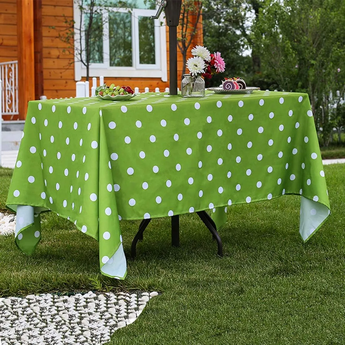 Eternal Beauty Outdoor Rectangle Tablecloth with Umbrella Hole Zipper for Spring Summer Patio Picnic Tables,60X 84(Green Polka Dot)