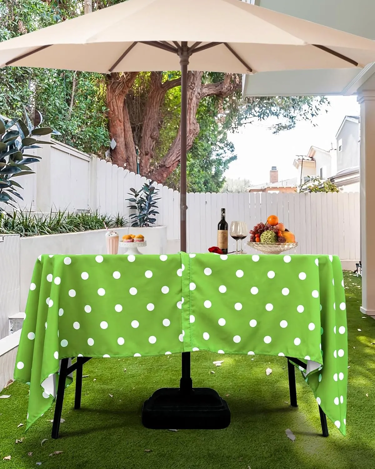 Eternal Beauty Outdoor Rectangle Tablecloth with Umbrella Hole Zipper for Spring Summer Patio Picnic Tables,60X 84(Green Polka Dot)