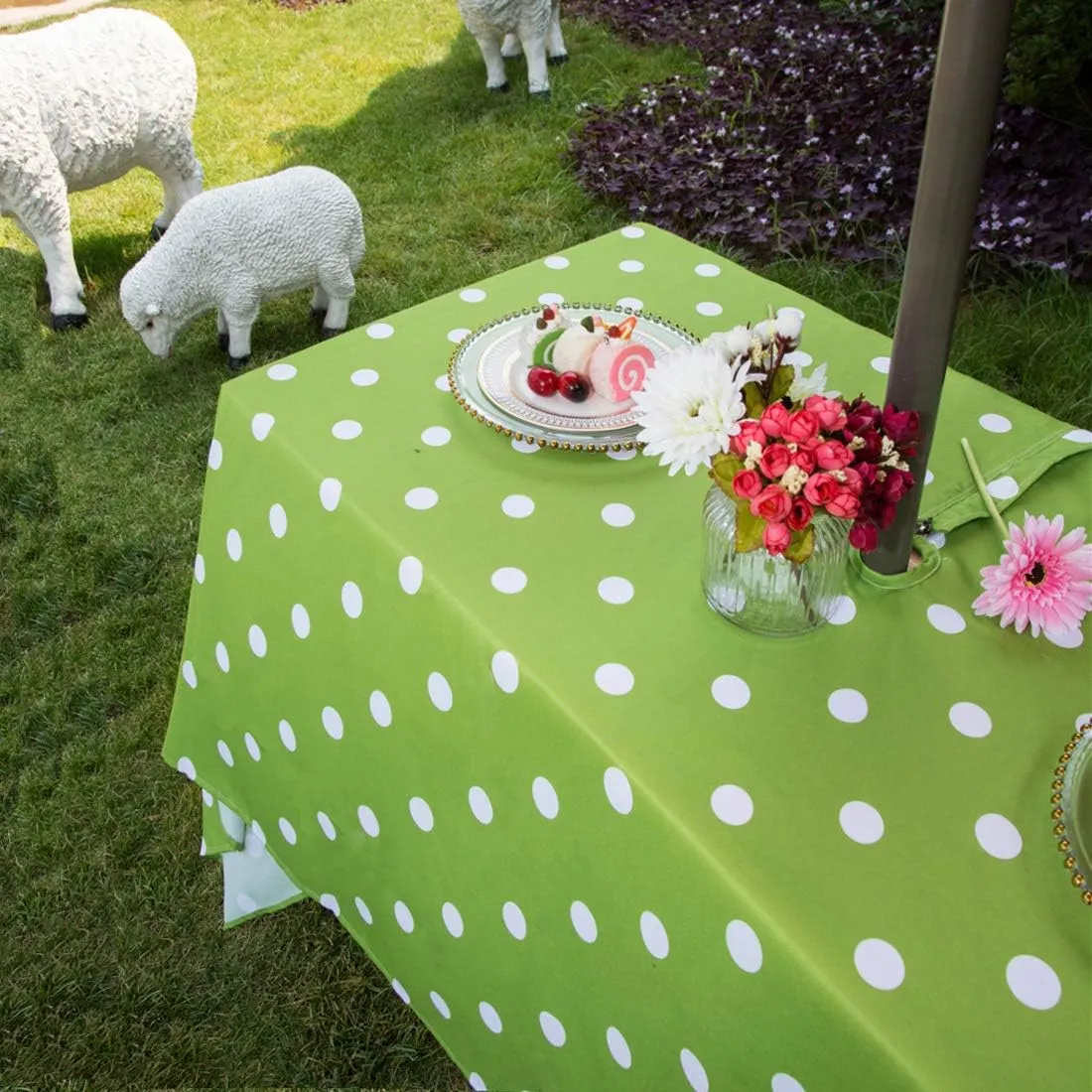 Eternal Beauty Outdoor Rectangle Tablecloth with Umbrella Hole Zipper for Spring Summer Patio Picnic Tables,60X 84(Green Polka Dot)