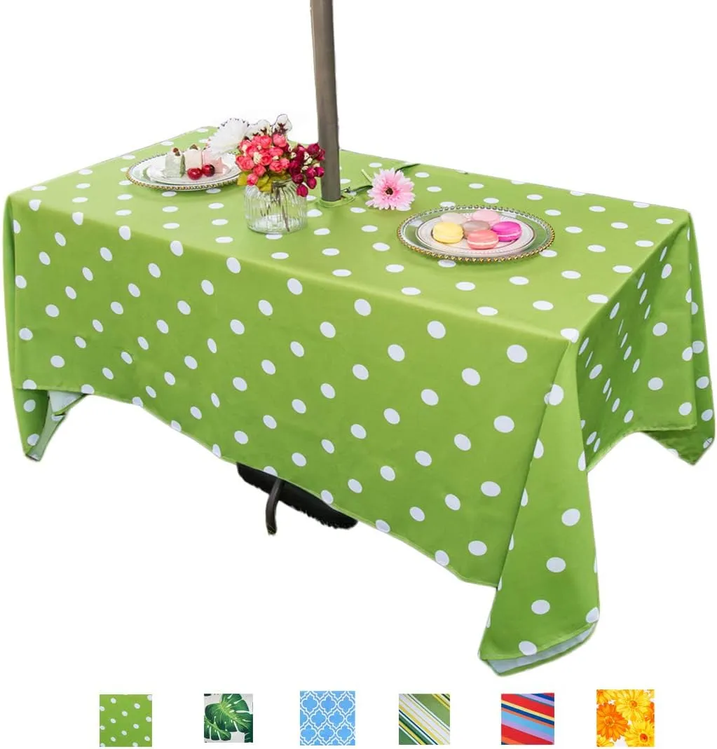 Eternal Beauty Outdoor Rectangle Tablecloth with Umbrella Hole Zipper for Spring Summer Patio Picnic Tables,60X 84(Green Polka Dot)