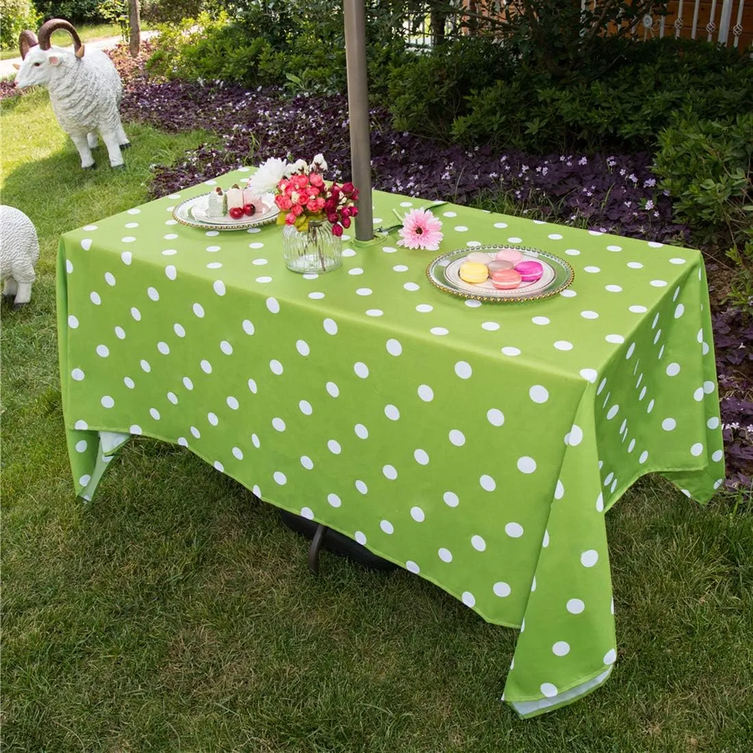 Eternal Beauty Outdoor Rectangle Tablecloth with Umbrella Hole Zipper for Spring Summer Patio Picnic Tables,60X 84(Green Polka Dot)